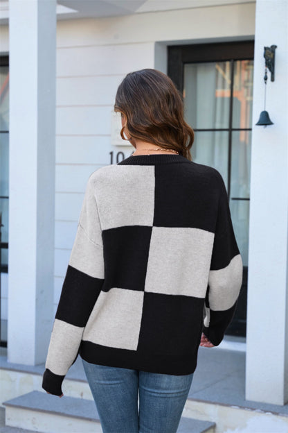 Color Block Round Neck Dropped Shoulder Sweater