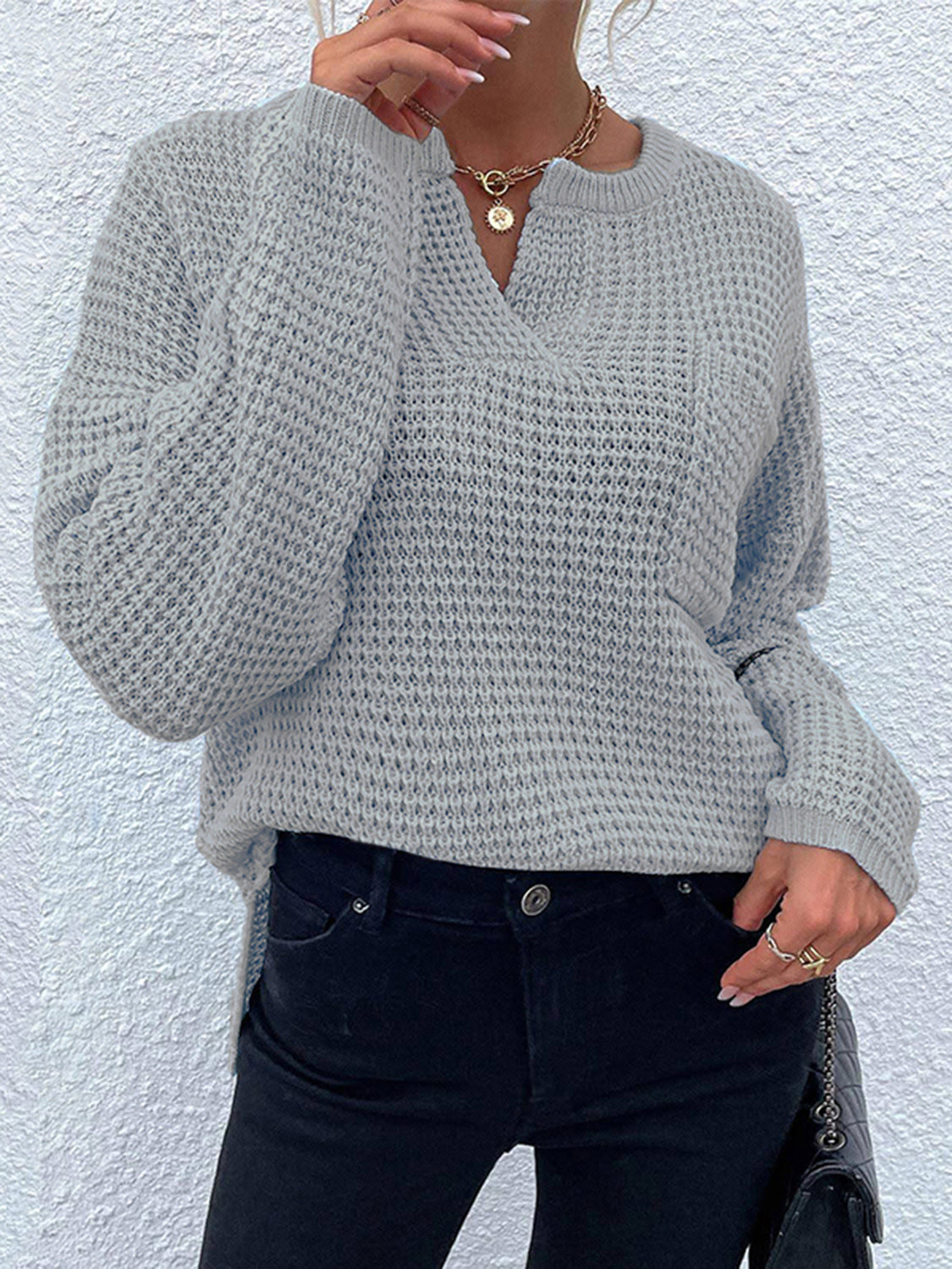 Notched Long Sleeve Sweater Cloudy Blue