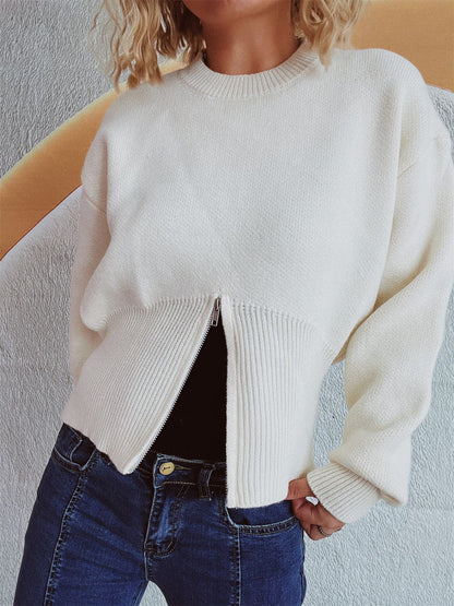 Round Neck Half Zip Long Sleeve Sweater White One Size