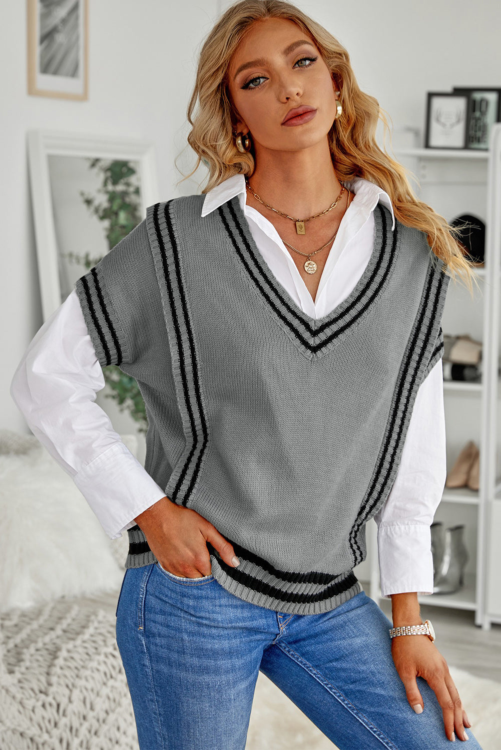 Striped V-Neck Short Sleeve Sweater Cloudy Blue