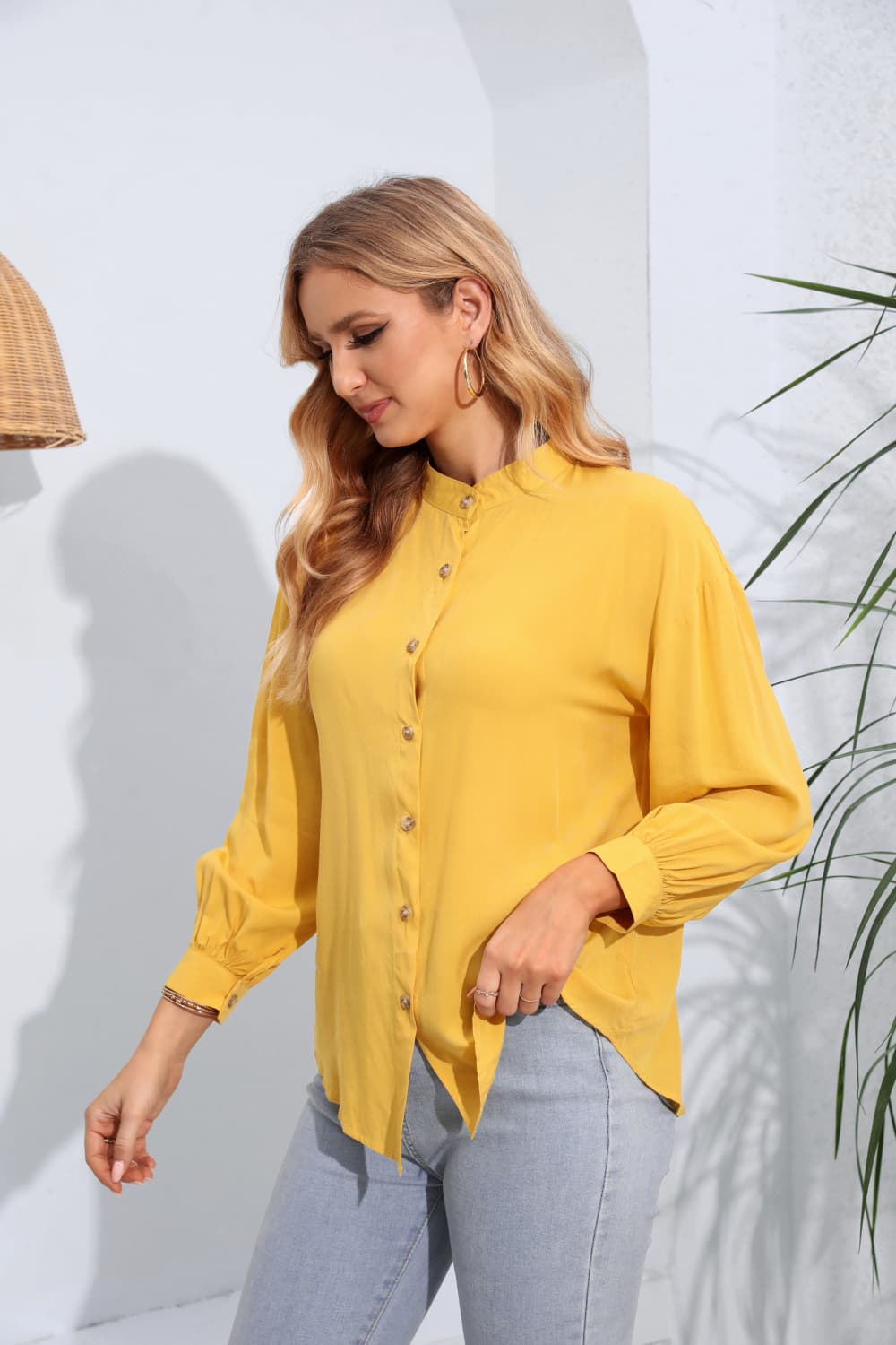 Mock Neck Buttoned Long Sleeve Shirt - Thandynie