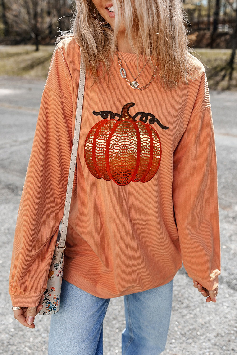 Sequin Pumpkin Round Neck Long Sleeve Sweatshirt Sherbet