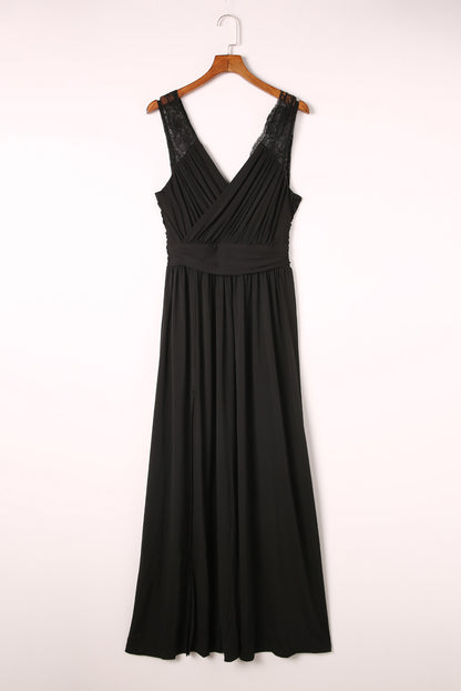 Surplice Neck Spliced Lace Split Maxi Dress Black