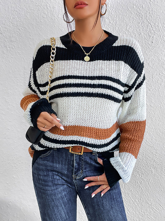 Striped Round Neck Sweater Caramel