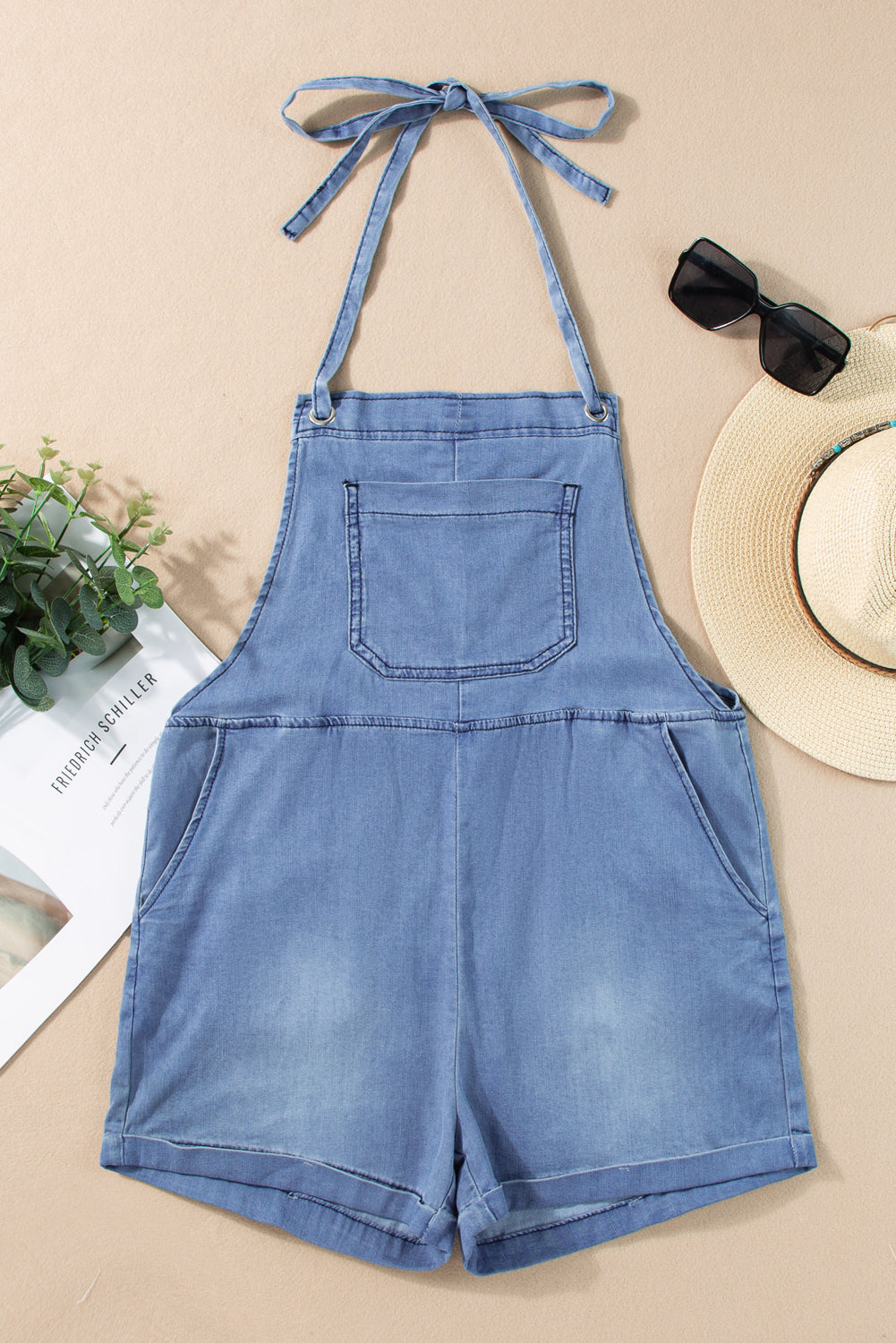 Light Blue Grommet Tie Straps Casual Denim Romper