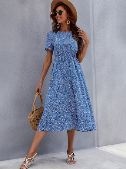 Printed Round Neck Short Sleeve Midi Dress Royal Blue