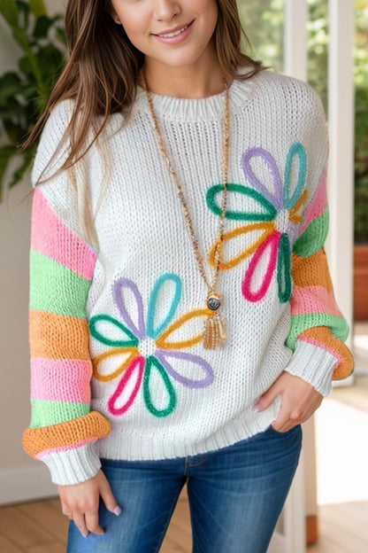 Color Block Round Neck Sweater White