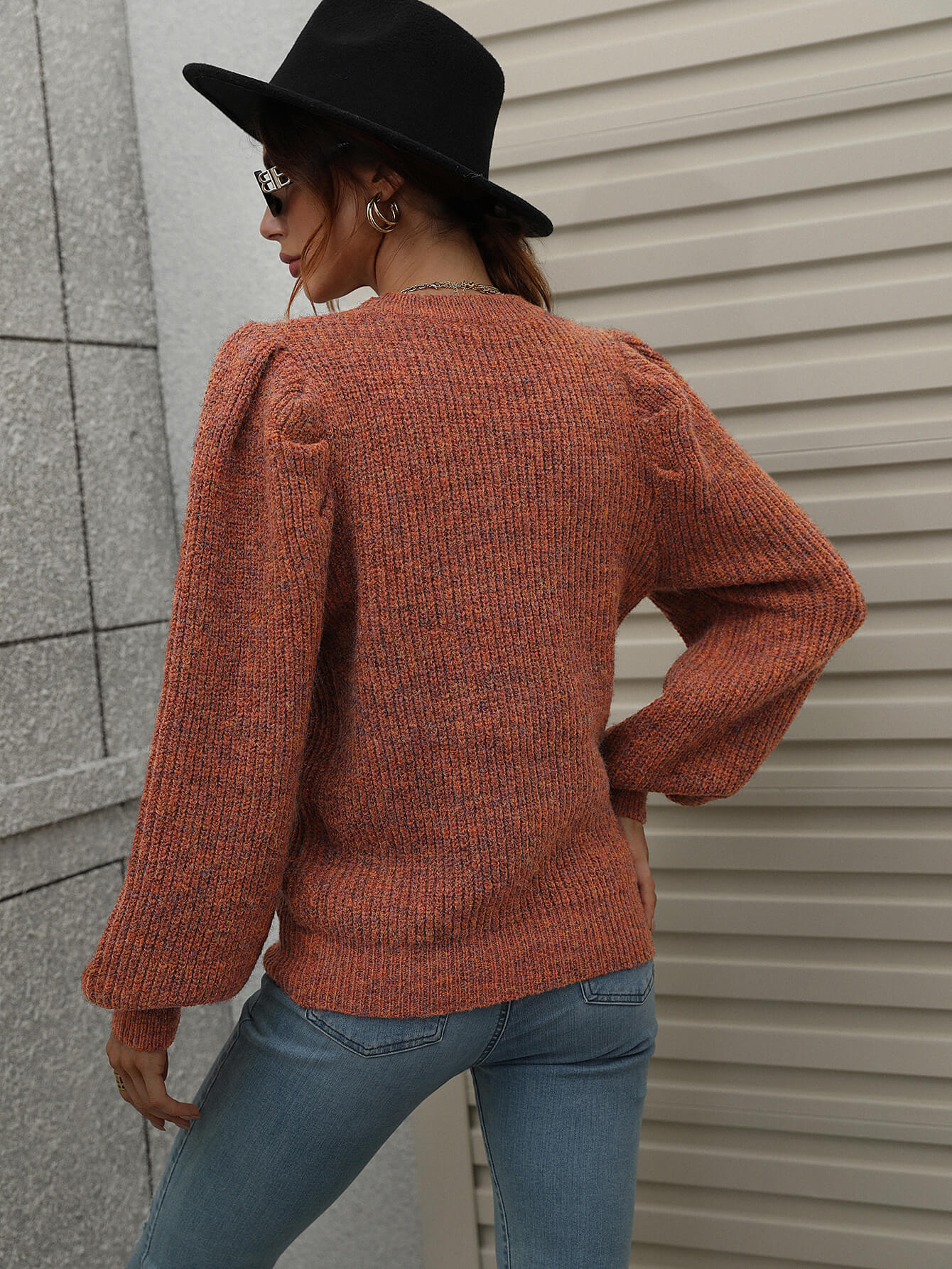 Woven Right Heathered Long Lantern Sleeve Rib-Knit Sweater