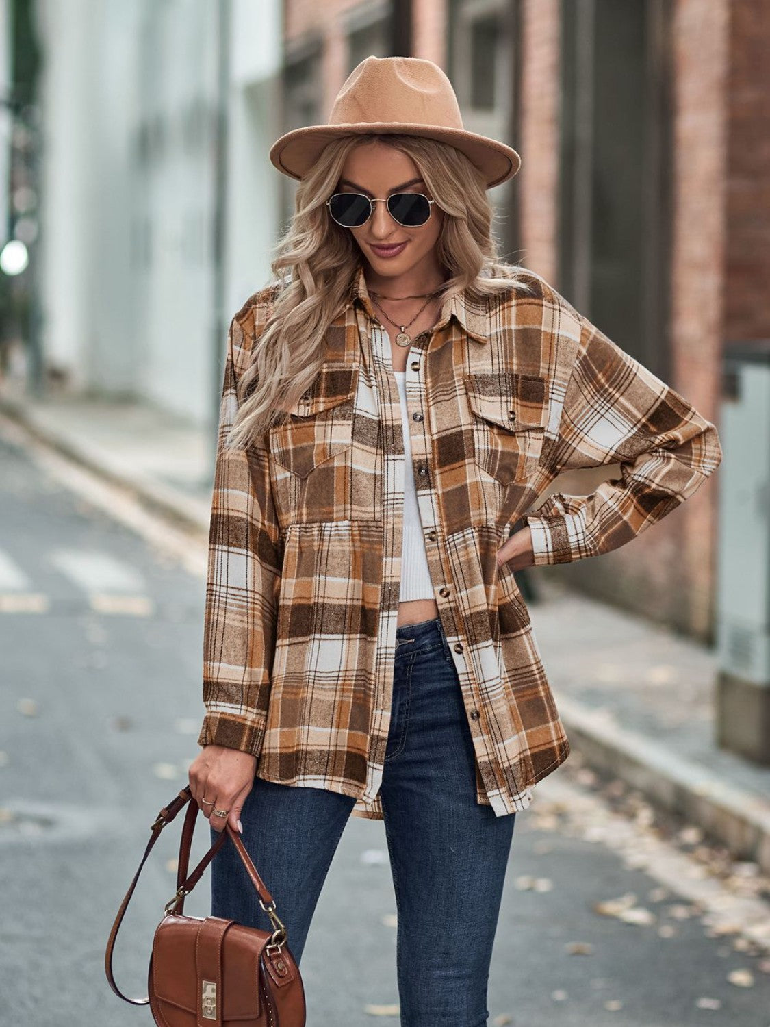 Plaid Button Up Dropped Shoulder Shirt Caramel