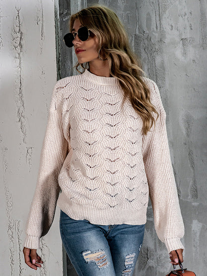 Openwork Mock Neck Long Sleeve Sweater White