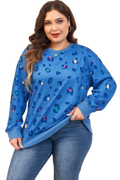 Sky Blue Plus Size Leopard Ribbed Edge Drop Shoulder Pullover Sweatshirt