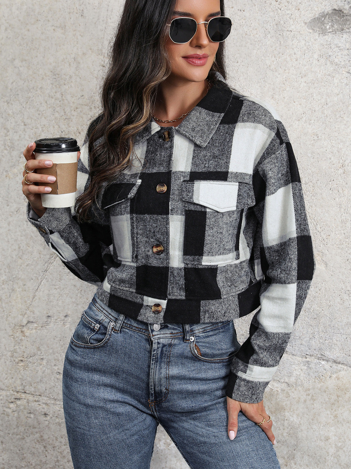 Plaid Button Up Drop Shoulder Cropped Jacket - Thandynie