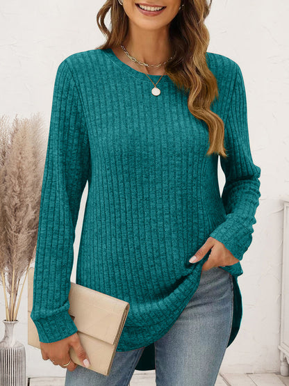 Ribbed Round Neck Long Sleeve T-Shirt Turquoise