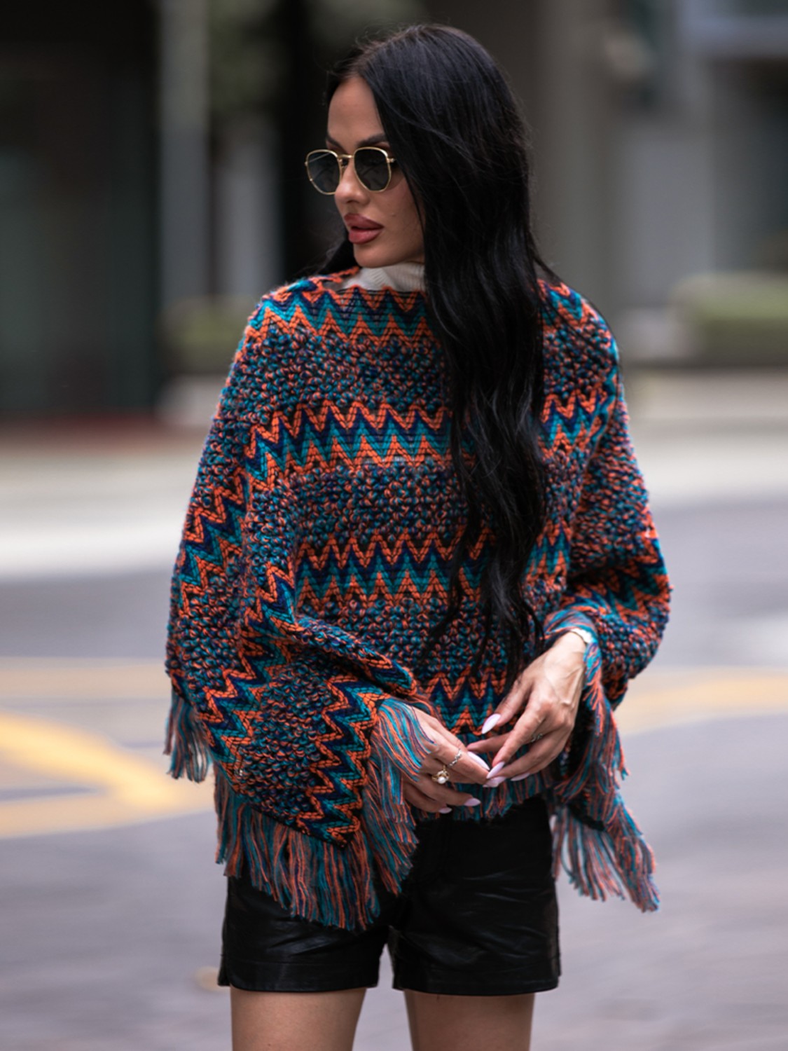 Fringe Hem Boat Neck Poncho - Thandynie