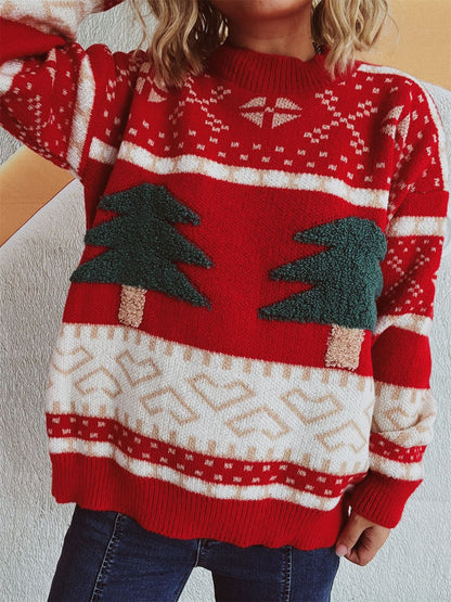 Christmas Tree Mock Neck Long Sleeve Sweater Scarlet One Size