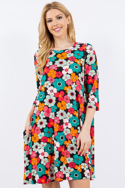 Celeste Full Size Floral Three-Quarter Sleeve Dress with Pockets Black Floral