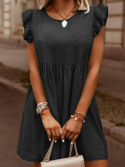 Full Size Ruffled Round Neck Cap Sleeve Denim Dress Dark Gray