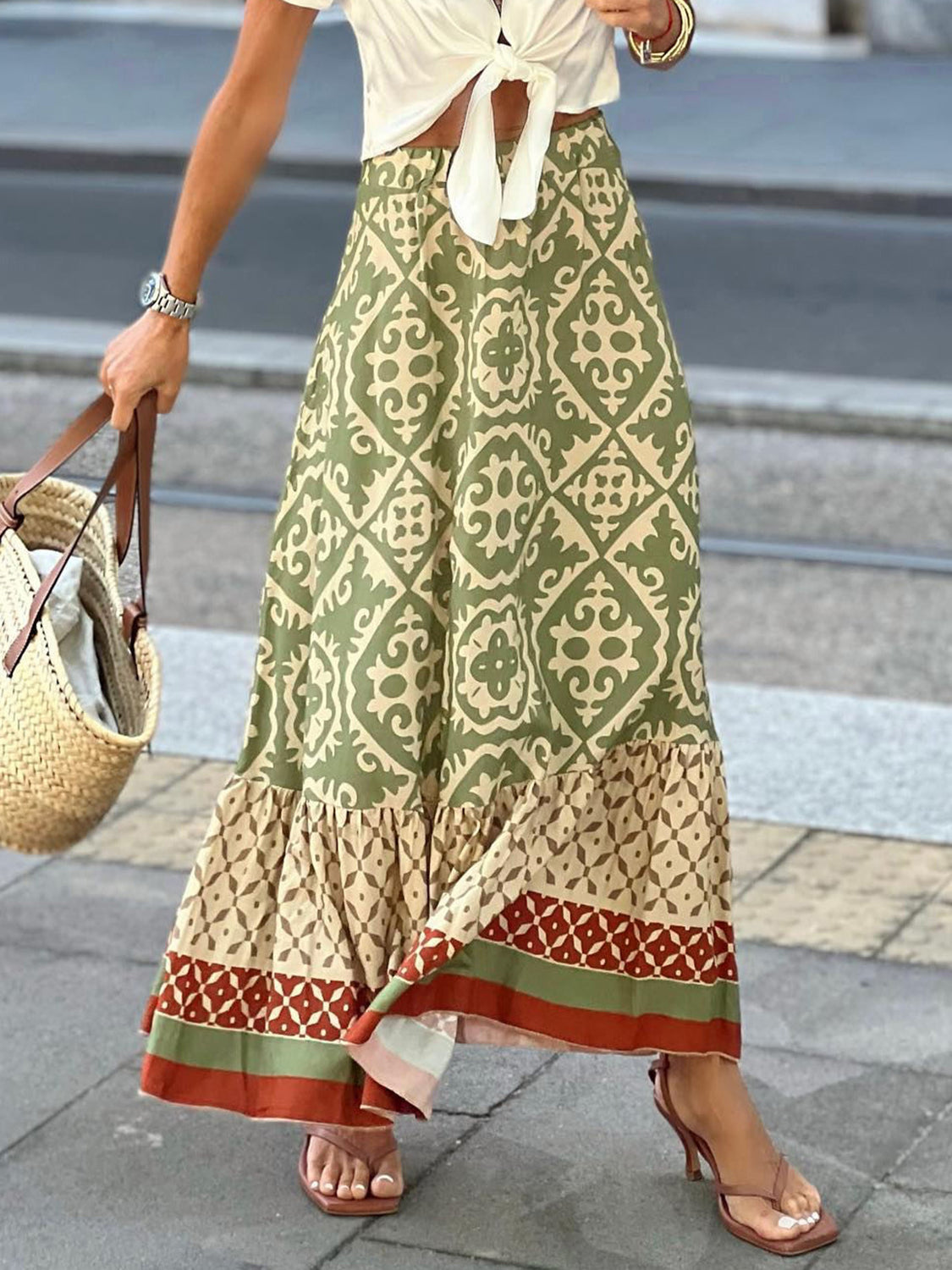 Geometric Elastic Waist Maxi Skirt Matcha Green