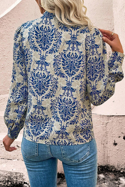 Sky Blue Bohemian Printed Bishop Sleeve Lace Shirt