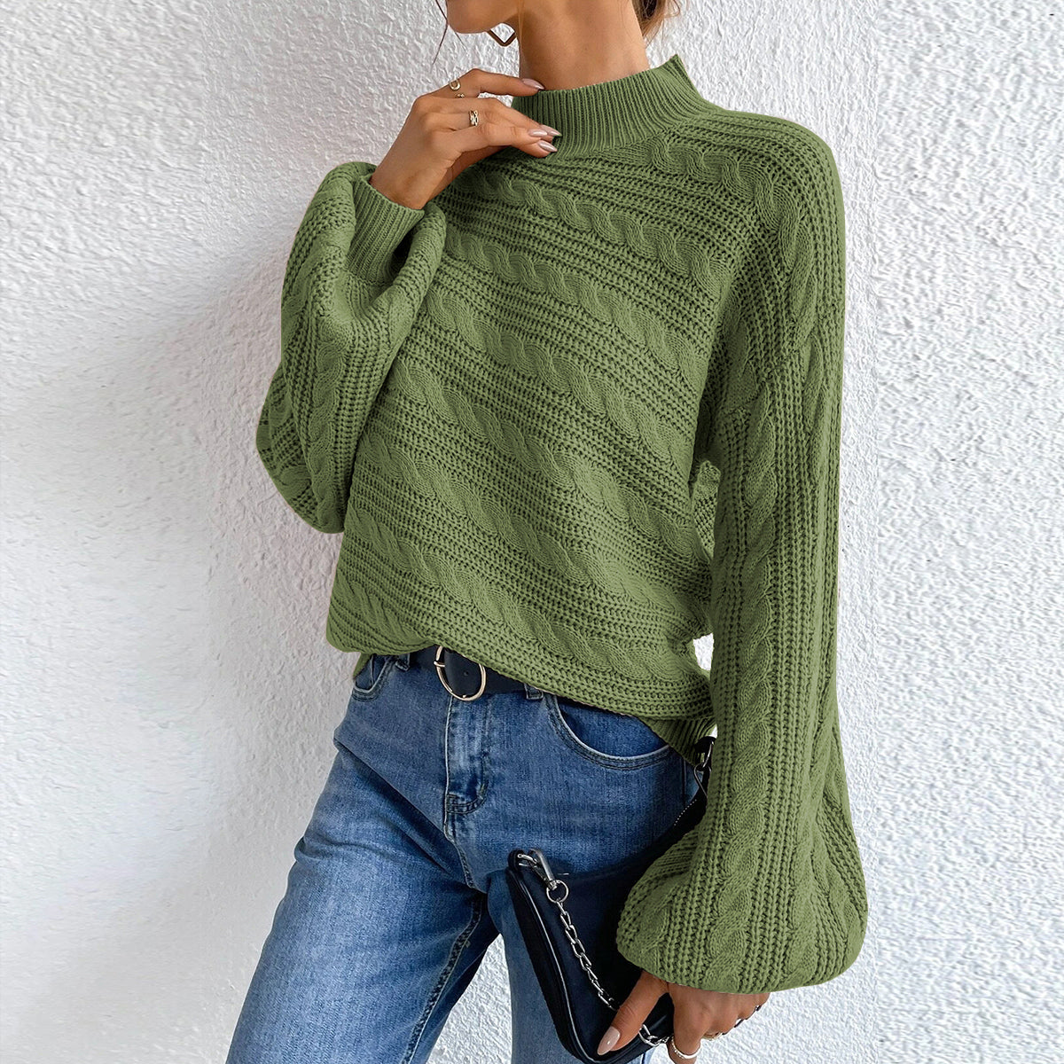 Cable-Knit Mock Neck Long Sleeve Sweater