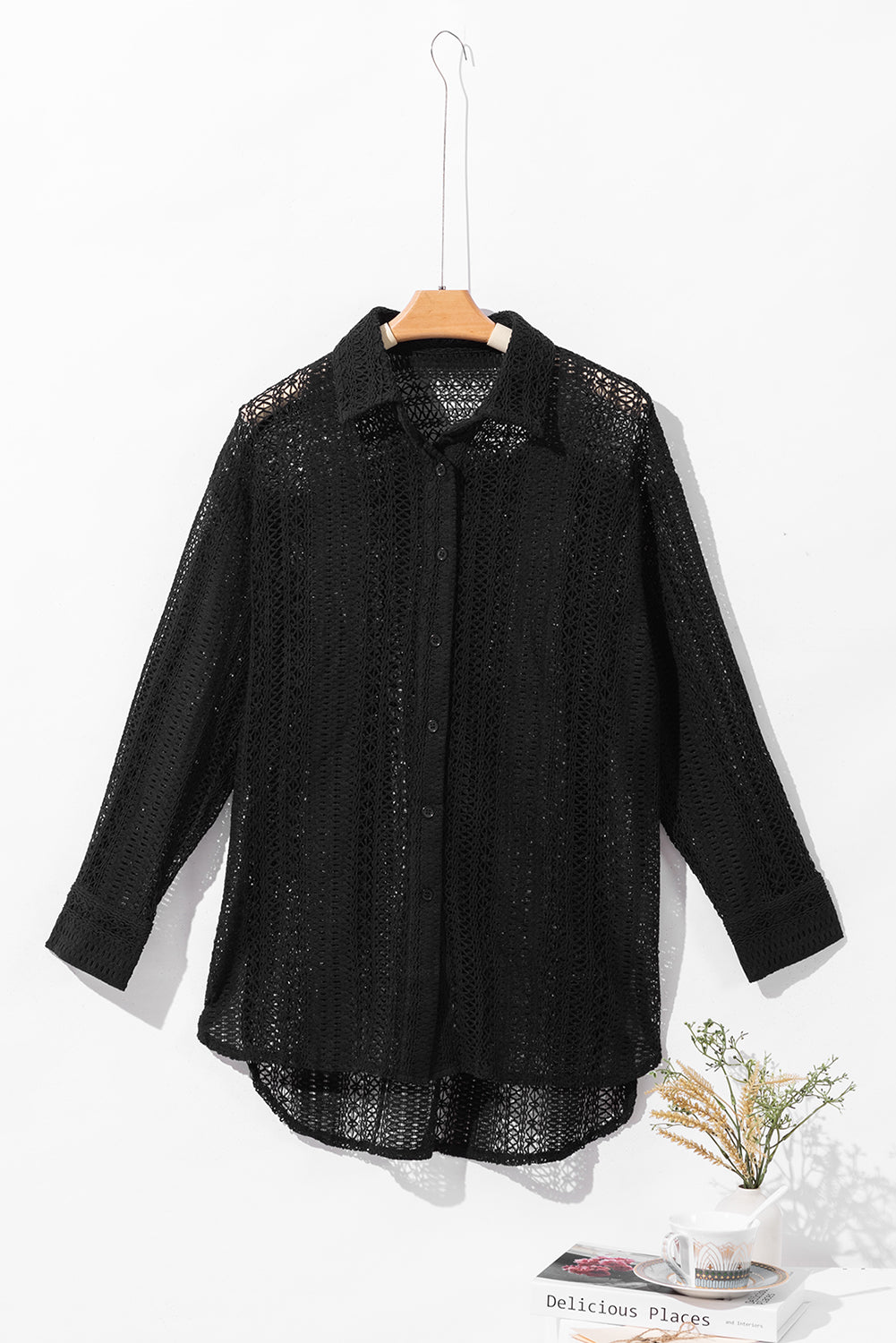 Black Lace Crochet Collared Tunic Oversized Shirt