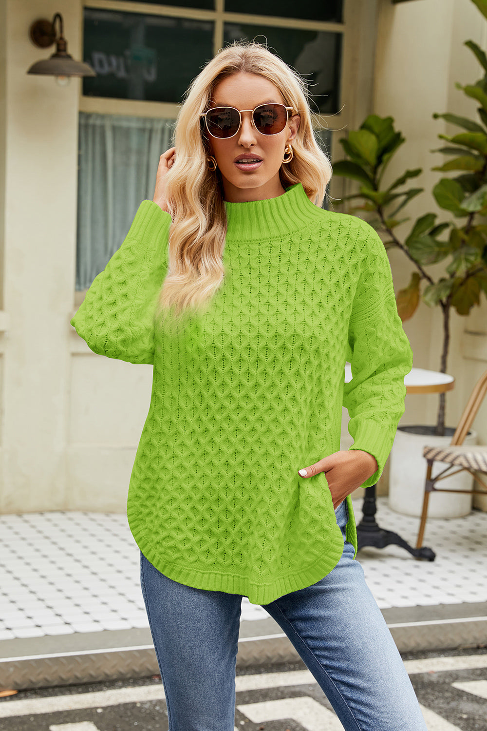 Slit Long Sleeve Mock Neck Sweater Mid Green