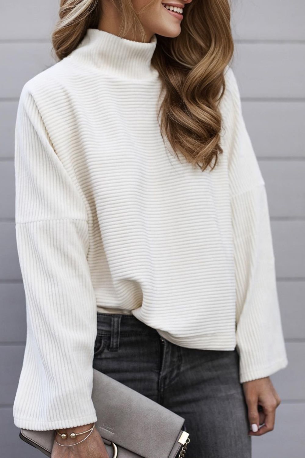 Turtleneck Slit Dropped Shoulder Sweater White