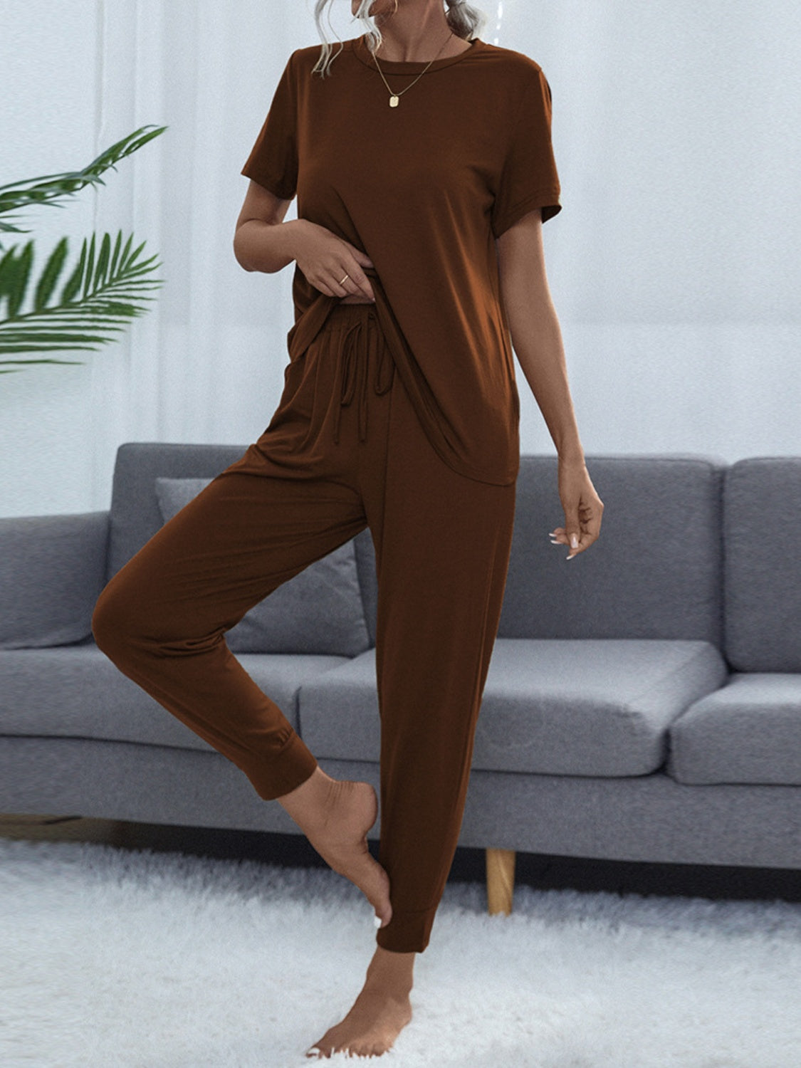 Shiny Round Neck Top and Pants Lounge Set Brown