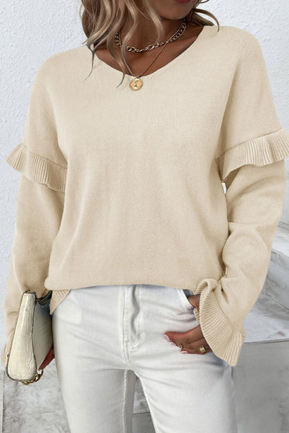 V-Neck Ruffle Trim Long Sleeve Sweater Light Yellow