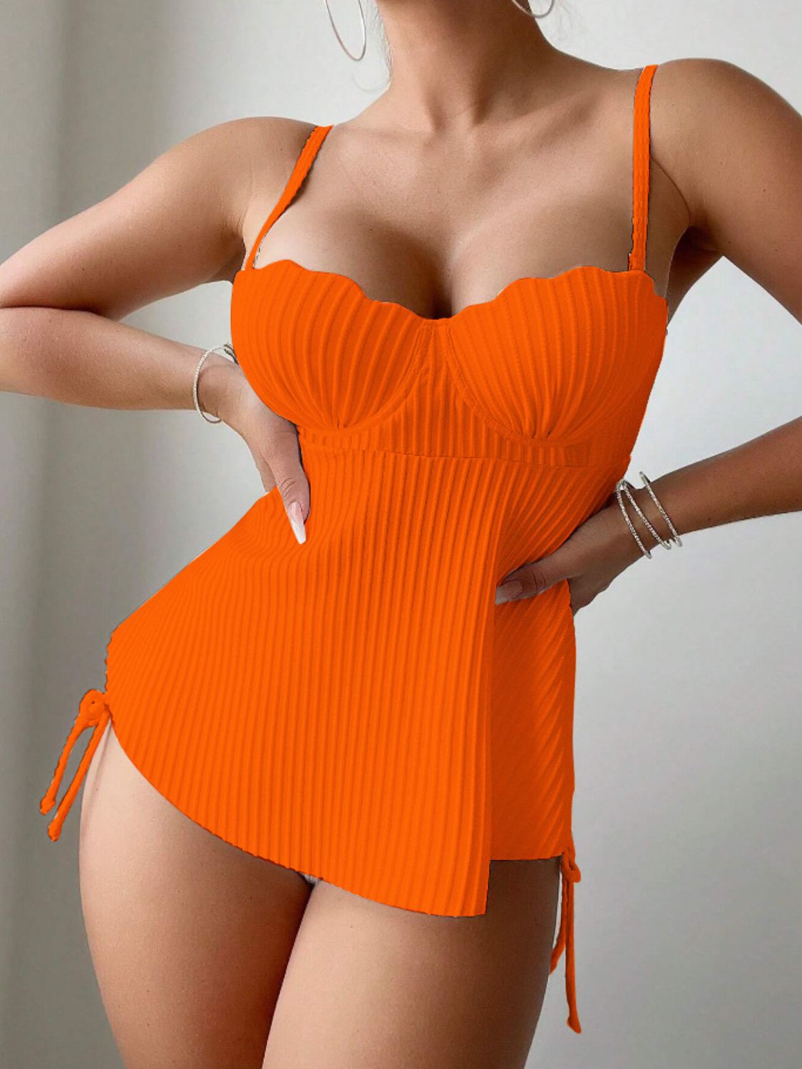 Textured Drawstring Spaghetti Strap Two-Piece Swim Set Orange