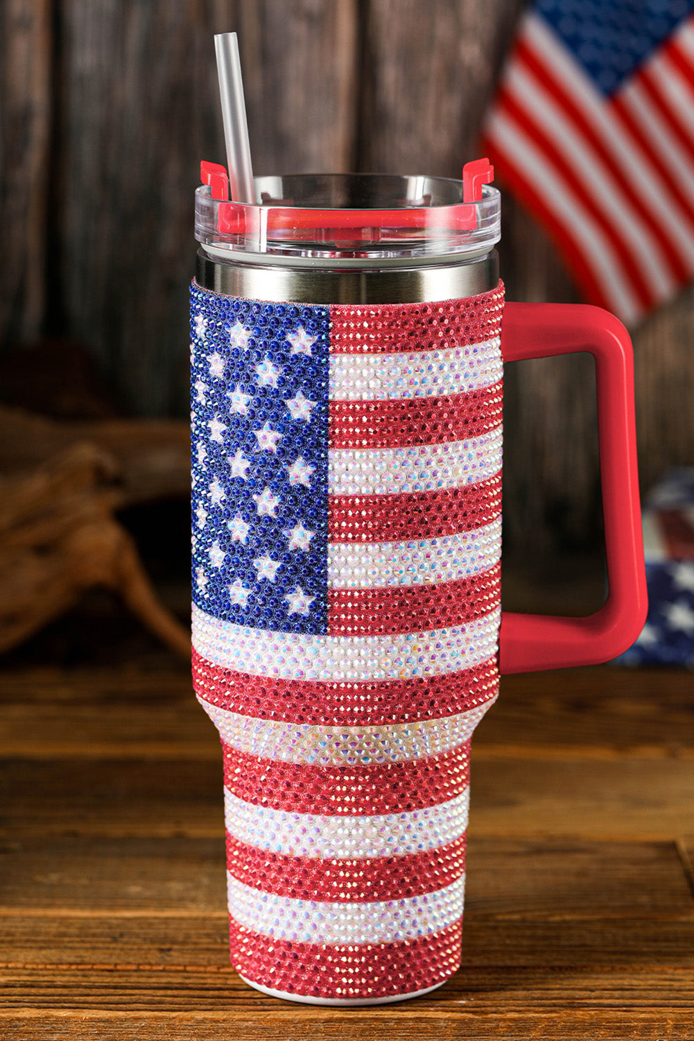 Red Rhinestone American Flag Print Handled 40oz Thermos Tumbler Red ONE SIZE 304 Stainless Steel