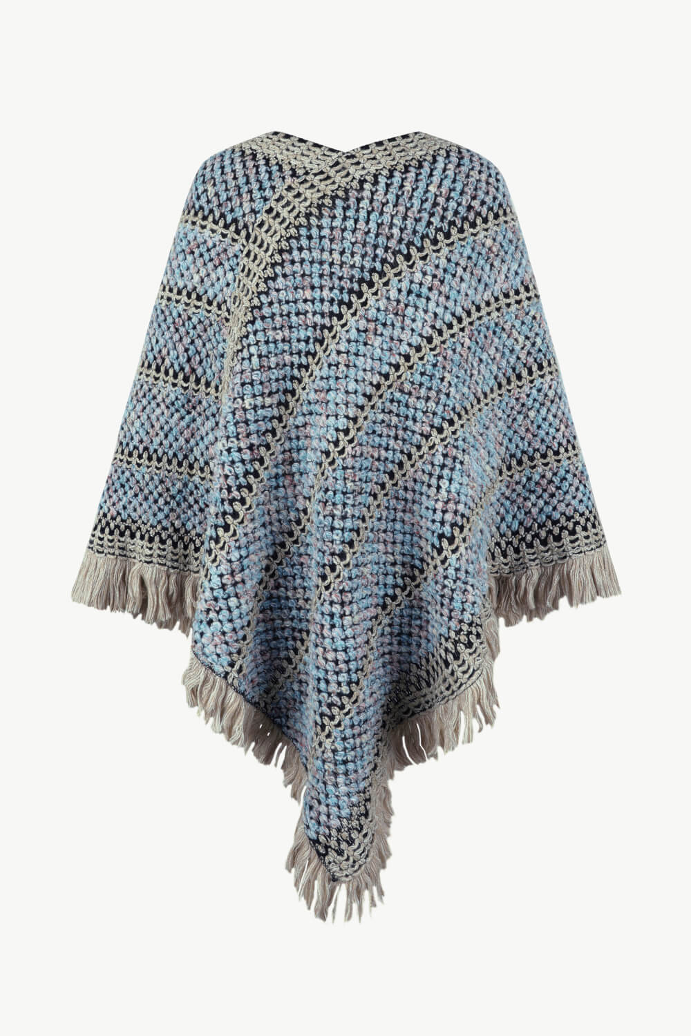 V-Neck Fringe Hem Poncho - Thandynie