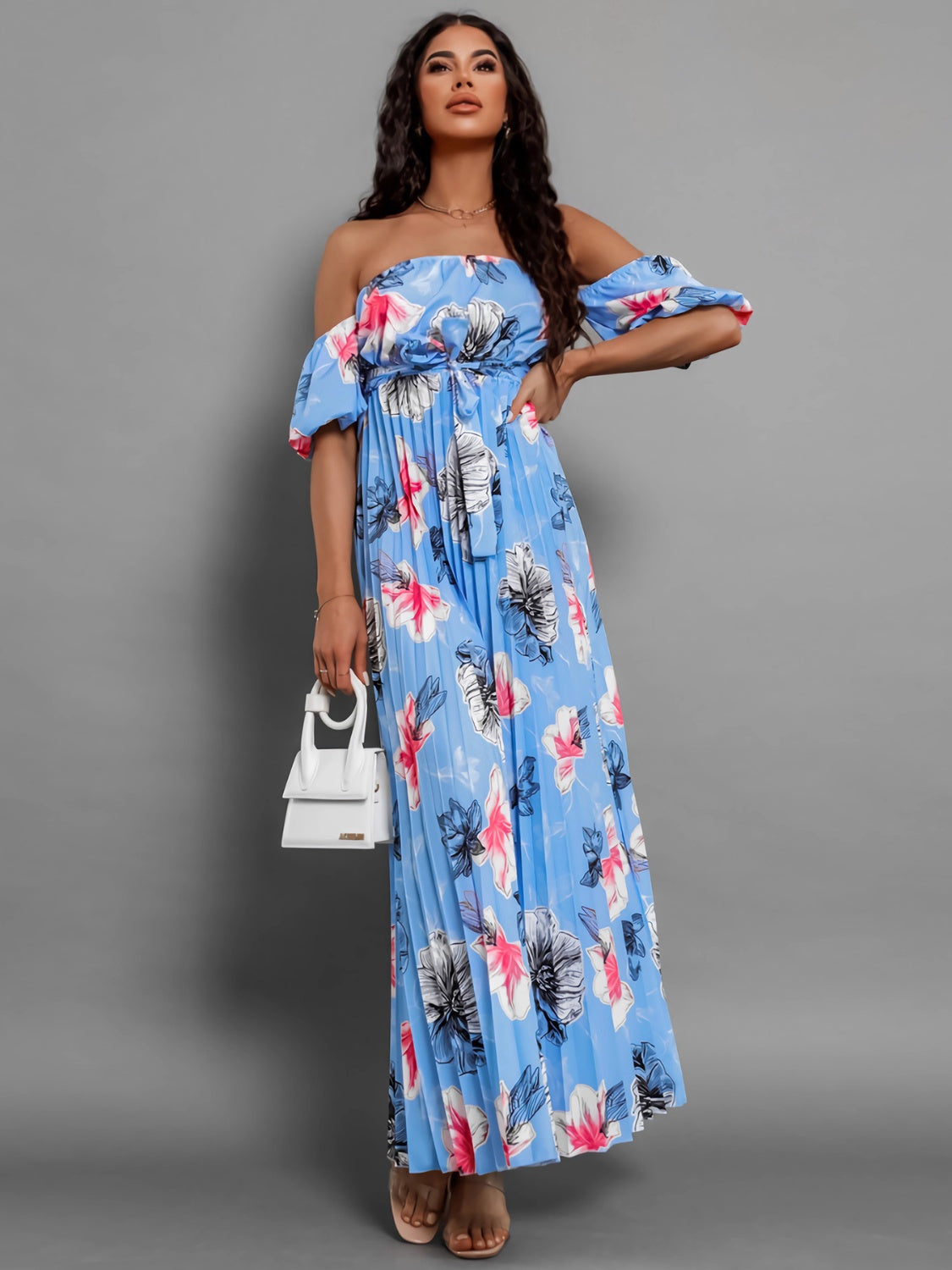 Pleated Floral Off-Shoulder Short Sleeve Midi Dress Sky Blue