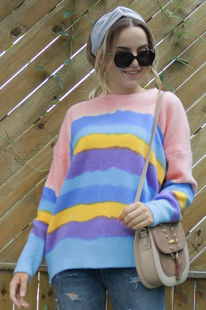 Multicolor Round Neck Dropped Shoulder Sweater