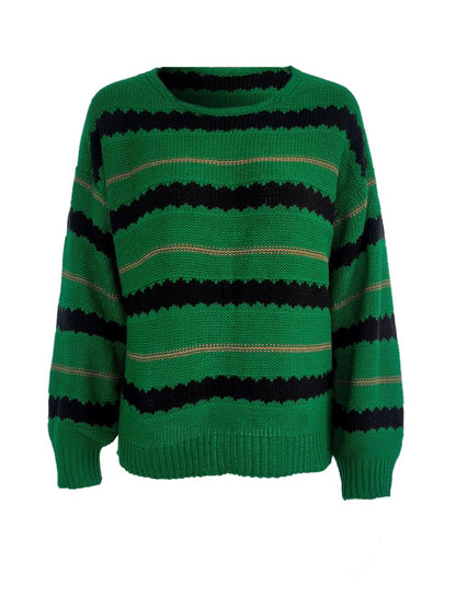 Striped Round Neck Long Sleeve Sweater Green