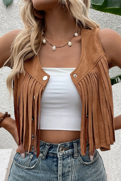 Camel Fringed Snap Button Front Suedette Vest