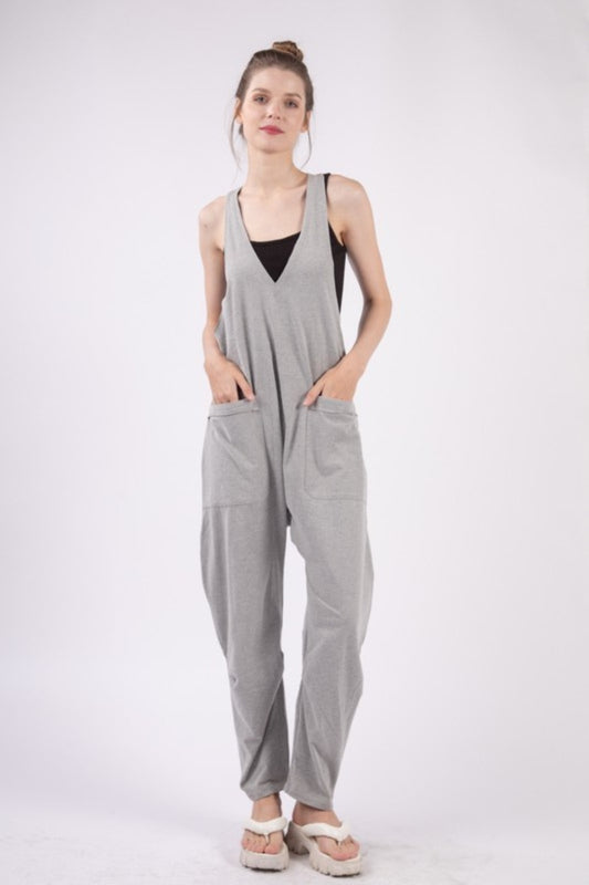 VERY J Plunge Sleeveless Jumpsuit with Pockets Grey