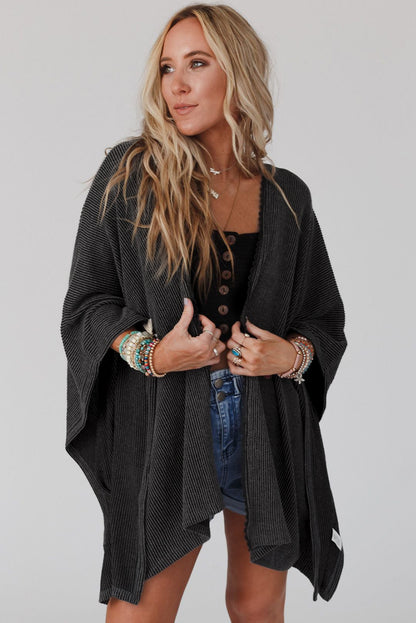 Black Lace Trim Ribbed Oversize Kimono