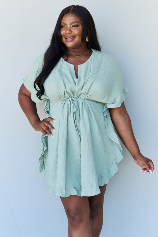 Ninexis Out Of Time Full Size Ruffle Hem Dress with Drawstring Waistband in Light Sage Light Sage