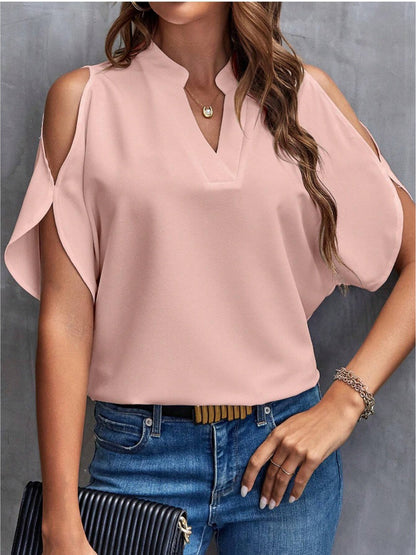 Notched Cold Shoulder Half Sleeve Blouse Blush Pink