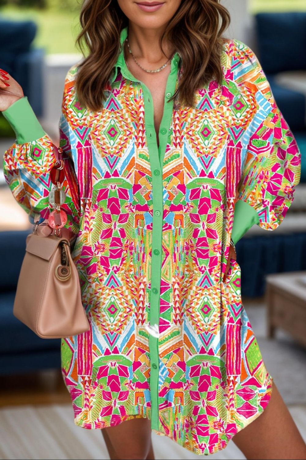 Printed Button Up Long Sleeve Shirt Dress Neon Green