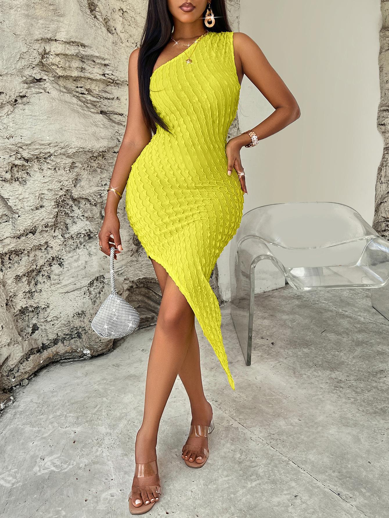 Sleeveless Asymmetrical One Shoulder Dress Yellow