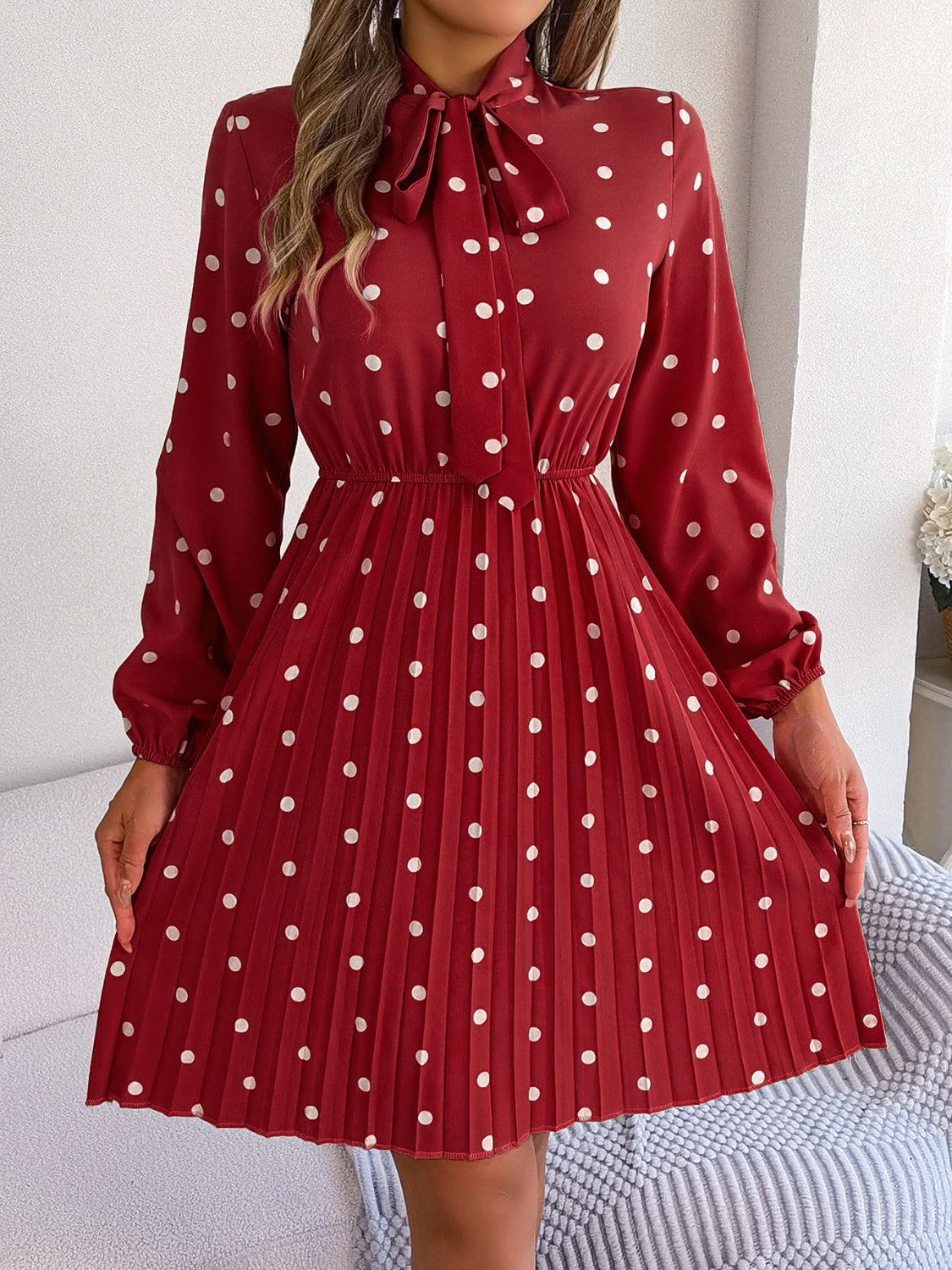 Polka Dot Tie Neck Pleated Dress Deep Red