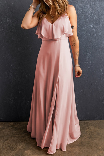 Slit Ruffled V-Neck Maxi Dress Watermelon pink