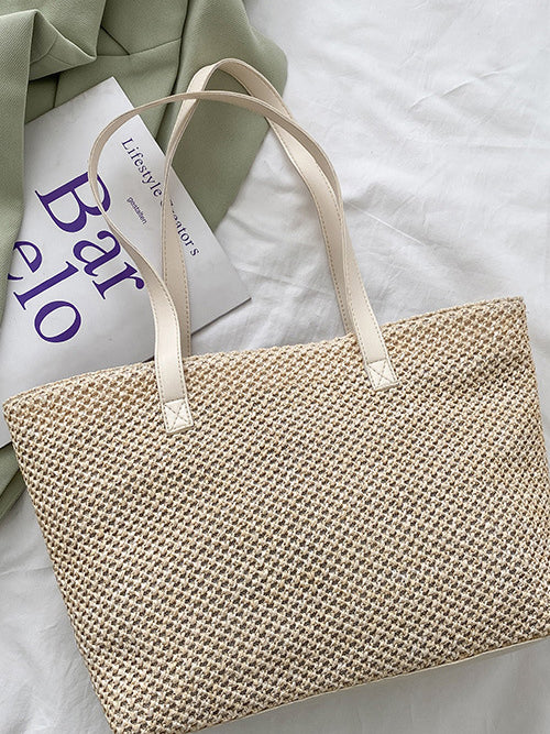 Solid Color Woven Tote Bag Beige One Size