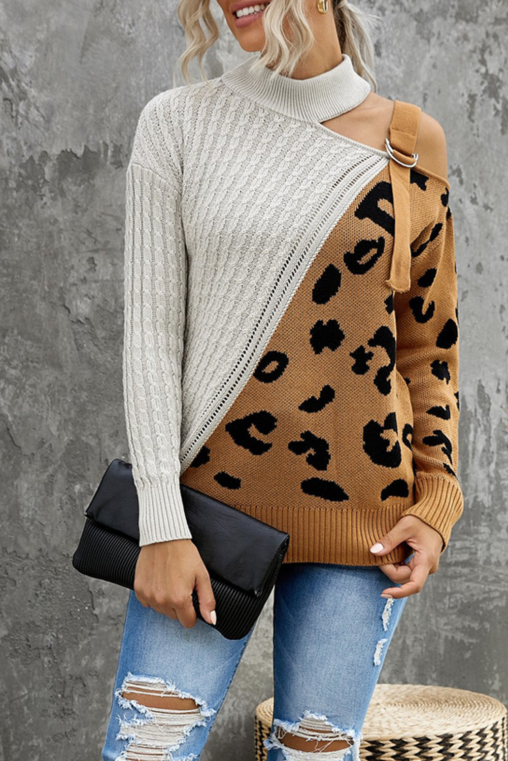 Leopard Block Turtleneck Sweater White