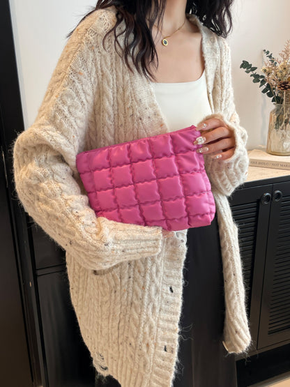 Quilted Plaid Clutch with Zipper Hot Pink One Size