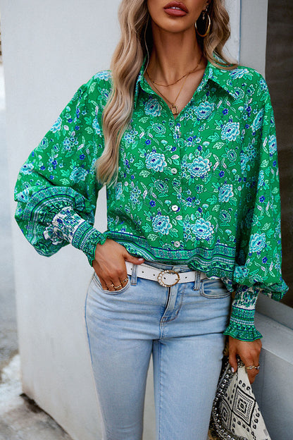 Printed Collared Neck Smocked Lantern Sleeve Shirt Mid Green