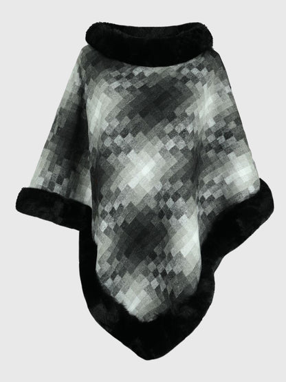 Faux Fur Trim Poncho Charcoal One Size