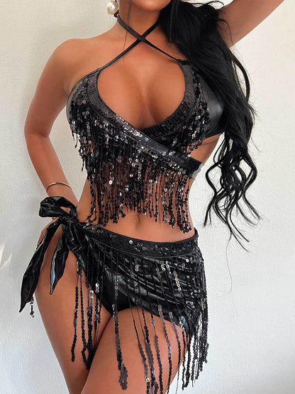 Sequin Halter Neck Three-Piece Swim Set Black